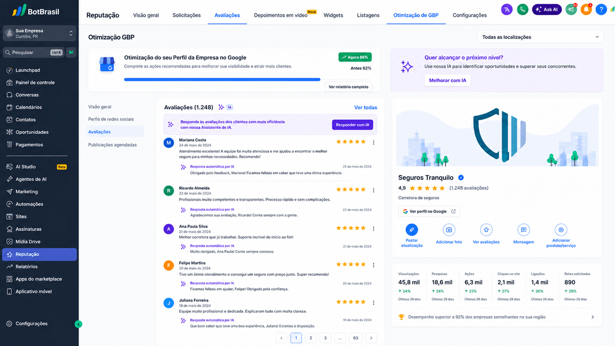Painel de reputação online da BotBrasil com avaliações do Google, NPS e respostas automáticas — BotBrasil para calendário inteligente